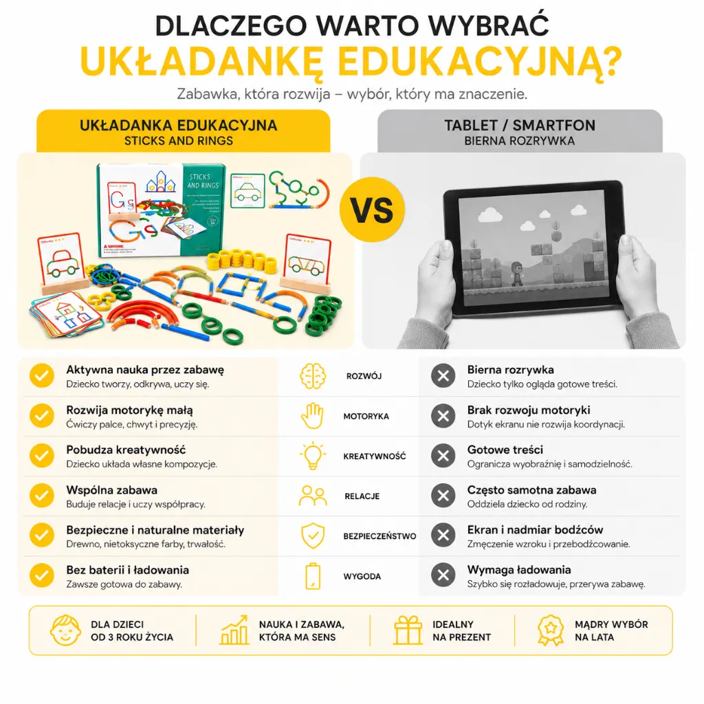 Kreatywna drewniana zabawka wspierająca rozwój dziecka.