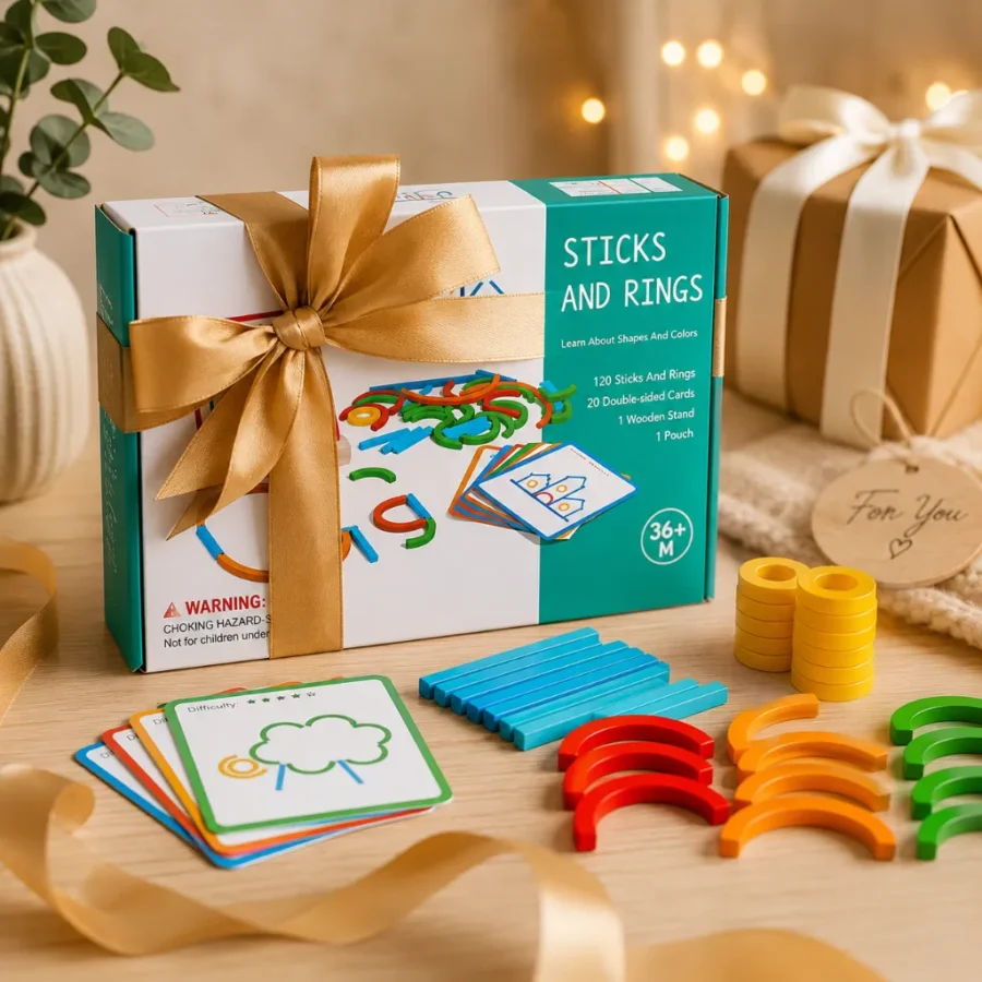 Drewniana układanka Montessori zapakowana jako prezent dla dziecka.