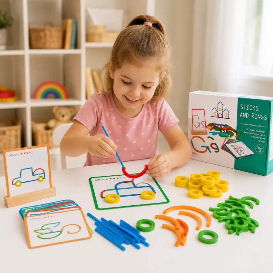 Drewniana układanka Montessori z patyczkami i pierścieniami dla dzieci.