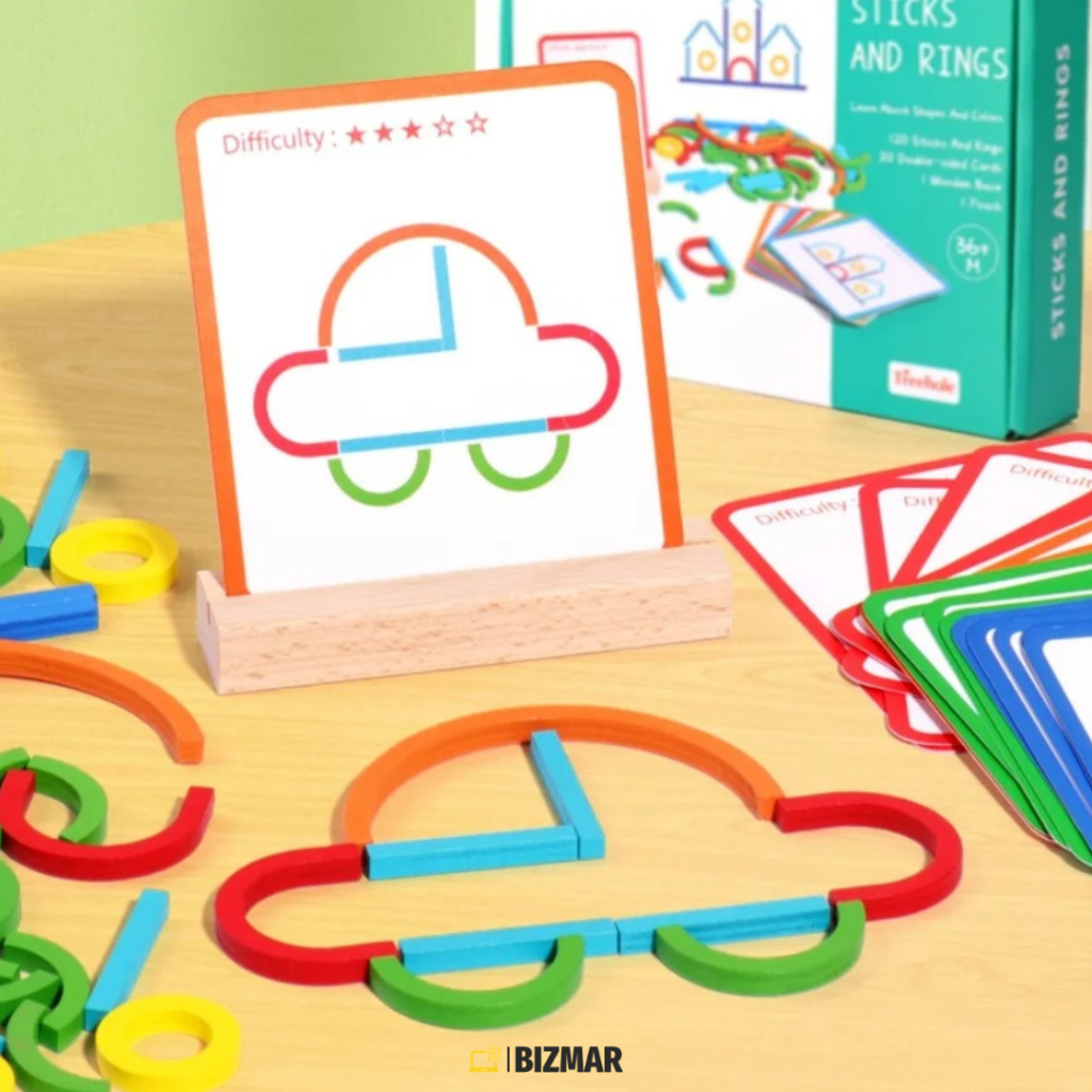 Drewniana zabawka edukacyjna z kolorowymi kółkami na słupkach