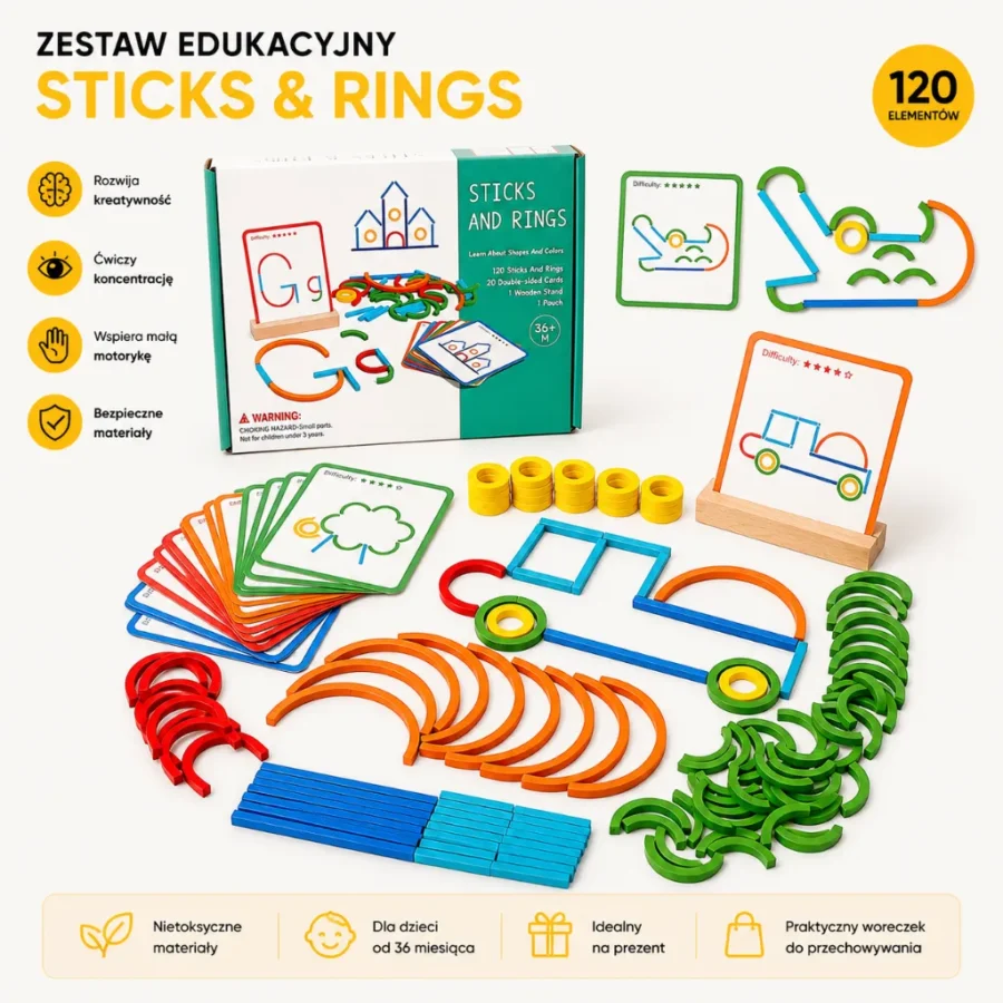 Wszystkie elementy zestawu Montessori ułożone obok opakowania.