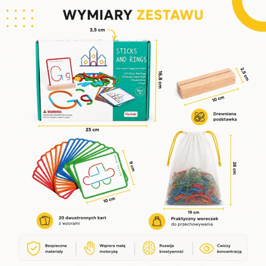 Zestaw edukacyjny z kolorowymi patyczkami i pierścieniami do układania wzorów.