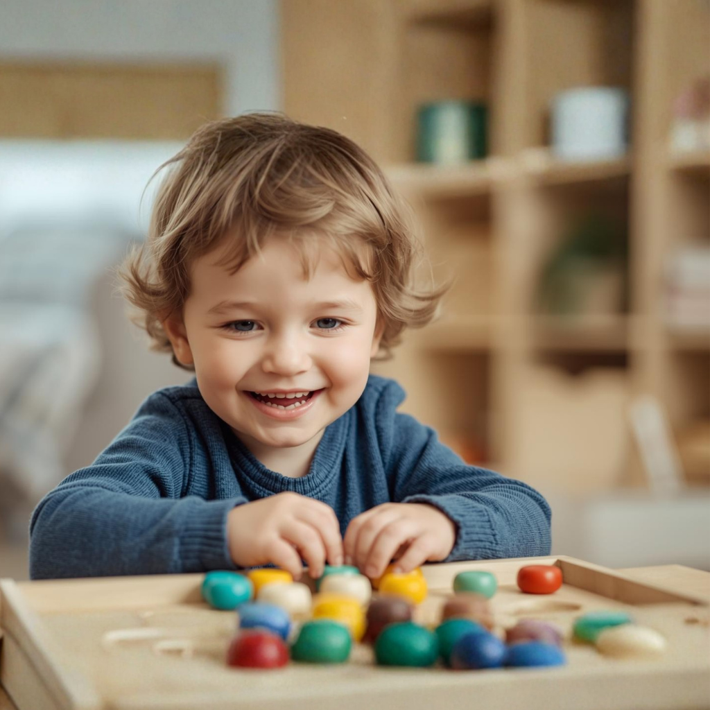 Uśmiechnięty chłopiec bawiący się zestawem zabawek Moserotti – zakładka O nas bizmarsklep.pl